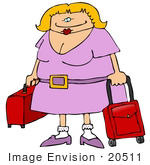 #20511 Clipart of a Blond Woman With Red Rolling Luggage in an Airport by DJArt