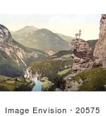 #20575 Historical Photochrome Stock Photography Of Finstermunz Road With The Chamois Statue And Toll Bridge Tirol Austria