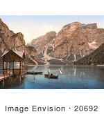 #20692 Historical Photochrome Stock Photography Of Boats On Wildsee Lake Pragser With A View Toward Sulden Tyrol Austria