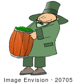 #20705 Leprechuan Carrying Clovers In A Barrel Clipart