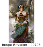 #20723 Stock Photography Of A Pretty Puritan Woman Holding Holly In Her Apron While Standing In The Snow