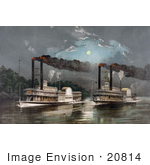 #20814 Stock Photography Of Two Steamboats Racing On The Mississippi River At Night Under A Full Moon