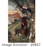 #20837 Stock Photography Of A Woman In Horseback Riding Clothes Putting A Note In A Tree Her Dogs Beside Her And Horse And Mill In The Background