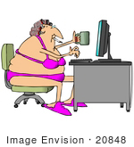 #20848 Chubby Woman With Her Hair in Curlers, Wearing a Bra and Panties, Smoking and Drinking Coffee While Using a Computer Clipart by DJArt