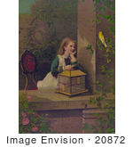 #20872 Stock Photography Of A Little Girl Resting On A Birdcage Looking At The Bird That Escaped