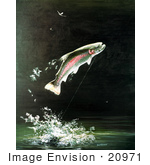 #20971 Clipart Image Illustration of a Rainbow Trout Fish Jumping Out of the Water After Biting a Fishing Hook by JVPD