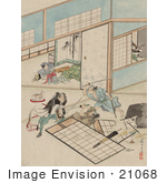 #21068 Stock Photography Of Three Samurai Warriors Combating In A Building