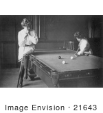 #21643 Stock Photography Of A Woman Resting On The Edge Of A Pool Table Leaning On A Cue Stick While Watching Her Friend Play