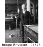 #21673 Stock Photography Of George F Slosson Standing By A Pool Table In A Billiards Room Holding A Cue Stick