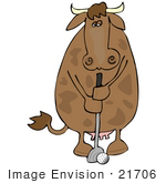#21706 Clipart Of A Humanlike Brown Cow Golfing