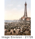 #21726 Historical Stock Photography Of The Busy Beach North Pier And Royal Hotel Near The Tower In Blackpool Lancashire England