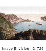 #21729 Historical Stock Photography Of Ships Down Below In The Creux Harbor In Sark Channel Islands England