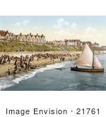 #21761 Historical Stock Photography Of People Crowding On The Beach As A Yacht Starts Off From Clacton-On-Sea Essex England