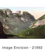 #21892 Historical Stock Photography Of Peveril Castle Ruins On The Hilltop In Castleton Derbyshire England
