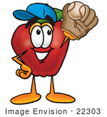 #22303 Clip Art Graphic Of A Red Apple Cartoon Character Catching A Baseball With A Glove