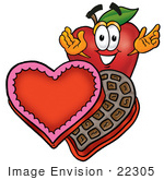 #22305 Clip Art Graphic Of A Red Apple Cartoon Character With An Open Box Of Valentines Day Chocolate Candies