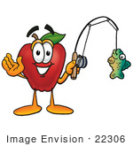 #22306 Clip Art Graphic Of A Red Apple Cartoon Character Holding A Fish On A Fishing Pole