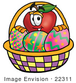 #22311 Clip Art Graphic Of A Red Apple Cartoon Character In An Easter Basket Full Of Decorated Easter Eggs