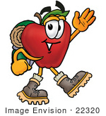 #22320 Clip Art Graphic Of A Red Apple Cartoon Character Hiking And Carrying A Backpack