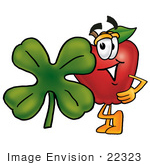 #22323 Clip Art Graphic Of A Red Apple Cartoon Character With A Green Four Leaf Clover On St Paddy’S Or St Patricks Day