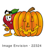 #22324 Clip Art Graphic Of A Red Apple Cartoon Character With A Carved Halloween Pumpkin