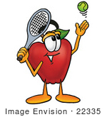 #22335 Clip Art Graphic Of A Red Apple Cartoon Character Preparing To Hit A Tennis Ball