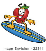 #22341 Clip Art Graphic Of A Red Apple Cartoon Character Surfing On A Blue And Yellow Surfboard