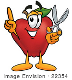 #22354 Clip Art Graphic Of A Red Apple Cartoon Character Holding A Pair Of Scissors
