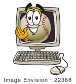 #22368 Clip Art Graphic Of A Baseball Cartoon Character Waving From Inside A Computer Screen