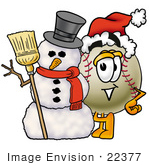 #22377 Clip Art Graphic Of A Baseball Cartoon Character With A Snowman On Christmas