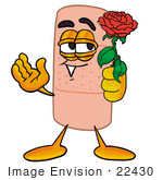 #22430 Clip Art Graphic Of A Bandaid Bandage Cartoon Character Holding A Red Rose On Valentines Day