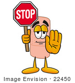 #22450 Clip Art Graphic Of A Bandaid Bandage Cartoon Character Holding A Stop Sign
