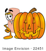 #22451 Clip Art Graphic Of A Bandaid Bandage Cartoon Character With A Carved Halloween Pumpkin