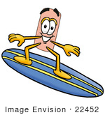 #22452 Clip Art Graphic Of A Bandaid Bandage Cartoon Character Surfing On A Blue And Yellow Surfboard