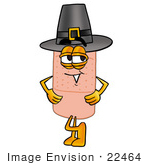 #22464 Clip Art Graphic Of A Bandaid Bandage Cartoon Character Wearing A Pilgrim Hat On Thanksgiving