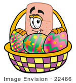 #22466 Clip Art Graphic Of A Bandaid Bandage Cartoon Character In An Easter Basket Full Of Decorated Easter Eggs