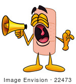 #22473 Clip Art Graphic Of A Bandaid Bandage Cartoon Character Screaming Into A Megaphone