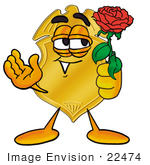 #22474 Clip Art Graphic Of A Gold Law Enforcement Police Badge Cartoon Character Holding A Red Rose On Valentines Day