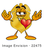 #22475 Clip Art Graphic Of A Gold Law Enforcement Police Badge Cartoon Character With His Heart Beating Out Of His Chest
