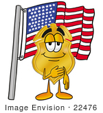 #22476 Clip Art Graphic Of A Gold Law Enforcement Police Badge Cartoon Character Pledging Allegiance To An American Flag