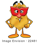 #22481 Clip Art Graphic Of A Gold Law Enforcement Police Badge Cartoon Character Wearing A Red Mask Over His Face