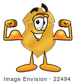 #22494 Clip Art Graphic Of A Gold Law Enforcement Police Badge Cartoon Character Flexing His Arm Muscles