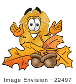 #22497 Clip Art Graphic Of A Gold Law Enforcement Police Badge Cartoon Character With Autumn Leaves And Acorns In The Fall