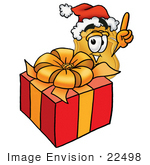 #22498 Clip Art Graphic Of A Gold Law Enforcement Police Badge Cartoon Character Standing By A Christmas Present