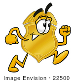 #22500 Clip Art Graphic Of A Gold Law Enforcement Police Badge Cartoon Character Running