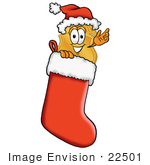 #22501 Clip Art Graphic Of A Gold Law Enforcement Police Badge Cartoon Character Wearing A Santa Hat Inside A Red Christmas Stocking