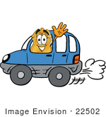 #22502 Clip Art Graphic Of A Gold Law Enforcement Police Badge Cartoon Character Driving A Blue Car And Waving