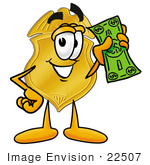 #22507 Clip Art Graphic Of A Gold Law Enforcement Police Badge Cartoon Character Holding A Dollar Bill