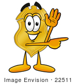 #22511 Clip Art Graphic Of A Gold Law Enforcement Police Badge Cartoon Character Waving And Pointing