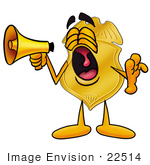#22514 Clip Art Graphic Of A Gold Law Enforcement Police Badge Cartoon Character Screaming Into A Megaphone